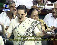 Leader of the Opposition Sonia Gandhi delivers her speech during the no-confidence motion in Parliament on Monday.