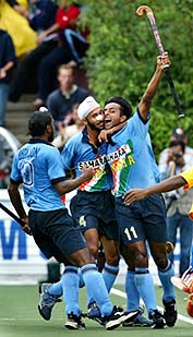 Indias Gagan Ajit Singh celebrates his goal against Pakistan