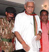 Vishwa Hindu Parishad International President Ashok Singhal comes out after attending a party meeting in New Delhi on Monday.
