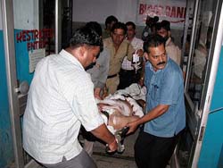 One of the Rajouri blast injured being brought to Jammu Medical College and Hospital on Sunday. 