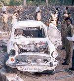 The mangled bulletproof car of Andhra Pradesh Chief Minister N. Chandrababu Naidu.