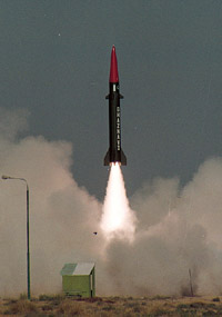 Pakistans first short-range surface-to-surface ballistic missile HATF-III Ghaznavi, capable of carrying nuclear warheads, takes off from an undisclosed location on Friday. 