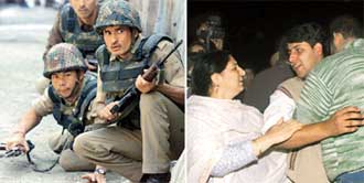 Border Security Force jawans take up positions during a gunbattle outside the residence of Chief Minister Mufti Mohammed Sayeed