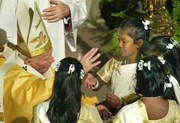 The Pope blesses Indian girls during the beatification ceremony of Mother Teresa at St Peters Square in Vatican City on Sunday. 