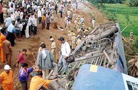 Rescuers gather around a Bangalore-bound train which derailed near Mysore
