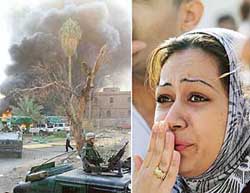 US troops take up position outside the Red Cross building in Baghdad and (right) an Iraqi woman cries at the devastation caused after car bombers blew up several buildings in Baghdad on Monday. 