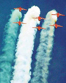The Surya Kiran team of the Indian Air Force performs at the bicentenary celebrations of the Bengal Sappers at Roorkee on Thursday.