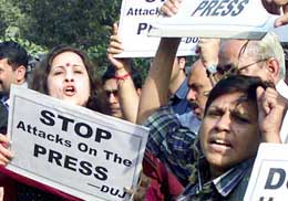 Journalists protest against the Jayalalithaa government over the arrest of The Hindu Editor N. Ravi and other scribes, at the Press Club in New Delhi on Saturday.
