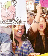 Journalists raise slogans during a demonstration in front of Tamil Nadu Bhavan in New Delhi on Monday.