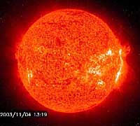 This digital photo taken on November 4, 2003, with NASAs extreme imaging telescope aboard the SOHO satellite shows the most powerful solar flare ever by orbiting instruments, according to the space agency. 
