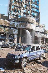 Destroyed cars in front of the HSBC Bank building in central Istanbul on Thursday. 