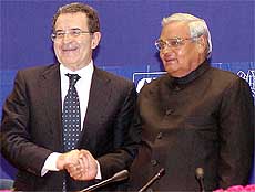 Prof Romano Prodi, President, European Commission, with Prime Minister Atal Bihari Vajpayee at the fourth India-EU Business Summit in New Delhi