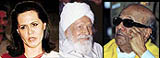 From Left: Sonia Gandhi, Harikishan Singh Surjeet and Karunanidhi 
