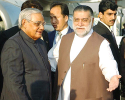 Prime Minister Atal Bihari Vajpayee is received by Pakistan Prime Minister Zafarullah Khan Jamali in Islamabad on Saturday.