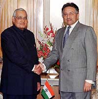 Pakistani President Pervez Musharraf and Prime Minister Atal Bihari Vajpayee shake hands before meeting on the sidelines of the SAARC summit in Islamabad on Monday.