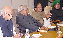 (From left) Mr L.K. Advani, Mr Atal Bihari Vajpayee, Mr Venkaiah Naidu and Haryana Chief Minister