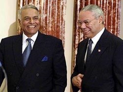 External Affairs Minister Yashwant Sinha and his US counterpart Collin Powell arriving to address a press conference at the State Department in Washington on Tuesday.