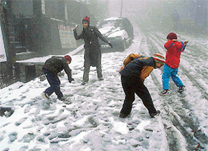 Kasauli residents in a playful mood after the seasons heaviest snowfall on Saturday.