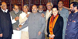 Non-NDA fold leaders with Sonia Gandhi at Parliament annexe in the Capital on Thursday.