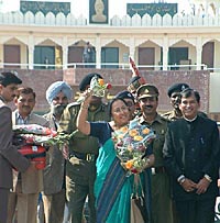 Dr Najma Heptullah, Deputy Chairperson, Rajya Sabha, crosses over to India at the Wagah joint checkpost on Sunday after attending a conference on women’s empowerment in Pakistan.
