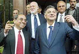 Pakistan Foreign Secretary Riaz Khokhar (right) shares a light moment with his Indian counterpart, Shashank, after their meeting at the Foreign Ministry in Islamabad on Wednesday.
