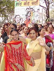 Eunuch supporters of the AIBYM hold a demonstration against the induction of TV and film stars by the BJP 