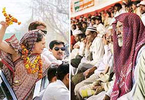 Congress President Sonia Gandhi at Palwal on the first day of her two-day roadshow in Haryana on Wednesday and (right) Muslims listen to a speech by Prime Minister Atal Bihari Vajpayee in New Delhi on Wednesday.