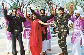 Shankar Sawhney, Aarti Puri, Vivek Shauq and Guggi Gill, during the shooting of Punjabi film "Nalayak" at Rock Garden’s, Phase III, Chandigarh