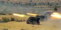 GRAD multi-barrel rocket launchers unleash their devastating firepower during Exercise Divya Astra, a firepower demonstration, at Mahajan Ranges in Rajasthan 