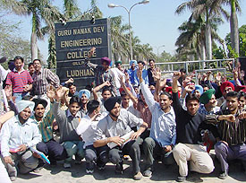 Students of Guru Nanak Dev Engineering College protest in Ludhiana on Wednesday