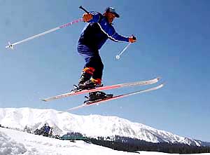 A skier shows his skill during the second phase of the fourth National Winter Games at Gulmarg, 55 km from Srinagar, on Wednesday.