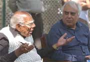 Eminent lawyer and Rajya Sabha member Ram Jethmalani with Congress spokesman Kapil Sibal