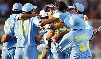 Indian players celebrate after beating Pakistan by five runs in the first one-day international in Karachi 