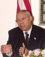 US Secretary of State Colin Powell addresses a press conference at Hyderabad House