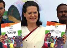 Congress President Sonia Gandhi releases the party's election manifesto in New Delhi 