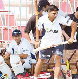 Akash Chopra and Anil Kumble during practice at the Cricket Stadium in Multan