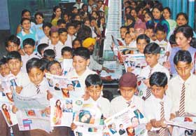 Students of Deepmala Public School, Dera Bassi, during their visit to The Tribune office in Chandigarh on Monday.