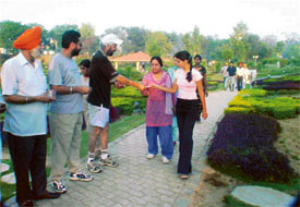 Former Mayor Apinder Singh Grewal greets morning walkers and asks them to vote for the SAD-BJP nominee at Leisure Valley