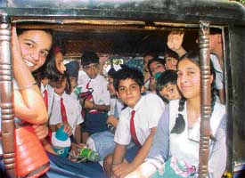 Students packed like sardines in a autorickshaw in Ludhiana