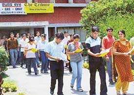 Students come out of an examination centre in Chandigarh after taking a mock CAT-cum-scholarship test, conducted by Bulls Eye exclusively for readers