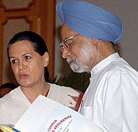 Prime Minister Manmohan Singh and Congress President Sonia Gandhi at the release of the Common Minimum Programme of the UPA in New Delhi on Thursday.
