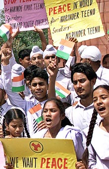 Schoolchildren take part in a peace march in Amritsar on Wednesday. The march was organised by the Punjab Pradesh Youth Congress.