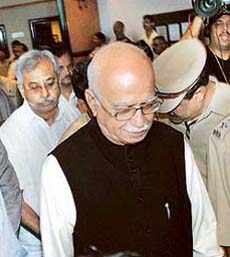 Leader of the Opposition L.K. Advani coming out after the conclusion of BJPs three-day national executive meeting in Mumbai