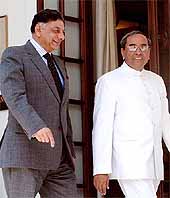 Indian Foreign Secretary Shashank with Pakistani Foreign Secretary Riaz Khokhar arrive at Hyderabad House for talks between the two countries