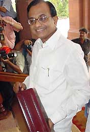 Union Finance Minister P. Chidambaram arrives at Parliament to present the Budget for the fiscal year 2004-05 in New Delhi on Thursday.