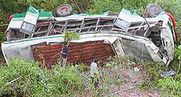 The HRTC bus which met with an accident on the Hamirpur-Nadaun highway on Wednesday morning.
