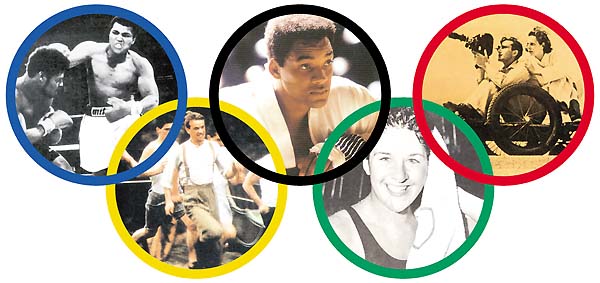 Clockwise from top left: Muhammad Ali; Will Smith in Ali; Leni Riefenstahl directing Olympia; Australian swimmer Dawn Fraser and Ian Charles in Chariots of Fire