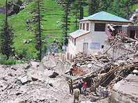 Newly constructed staff quarters at the 200-kilowatt micro hydel project at Kothi, near Manali, washed away by flash floods. 