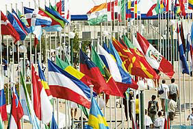 The flags of the participating nations fly at the Athletes Village in Athens. The Athens Olympic Games will begin with the opening ceremony on Friday.