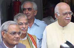 Former Prime Minister Atal Bihari Vajpayee, Leader of Opposition L.K. Advani, Murli Manohar Joshi and Jaswant Singh coming out after the BJP Parliamentary Board meeting in New Delhi on Monday. 
